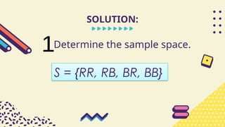 SOLUTION:
Determine the sample space.
S = {RR, RB, BR, BB}
 