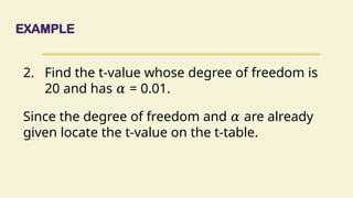EXAMPLE
2. Find the t-value whose degree of freedom is
20 and has = 0.01.
𝛼
Since the degree of freedom and are already
𝛼
given locate the t-value on the t-table.
 
