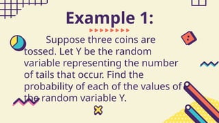 Suppose three coins are
tossed. Let Y be the random
variable representing the number
of tails that occur. Find the
probability of each of the values of
the random variable Y.
Example 1:
 