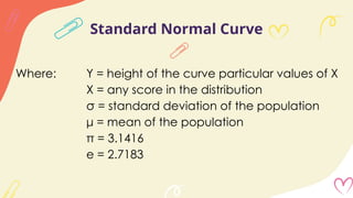 Standard Normal Curve
Where: Y = height of the curve particular values of X
X = any score in the distribution
σ = standard deviation of the population
μ = mean of the population
π = 3.1416
e = 2.7183
 
