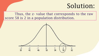 Solution:
Thus, the z- value that corresponds to the raw
score 58 is 2 in a population distribution.
 