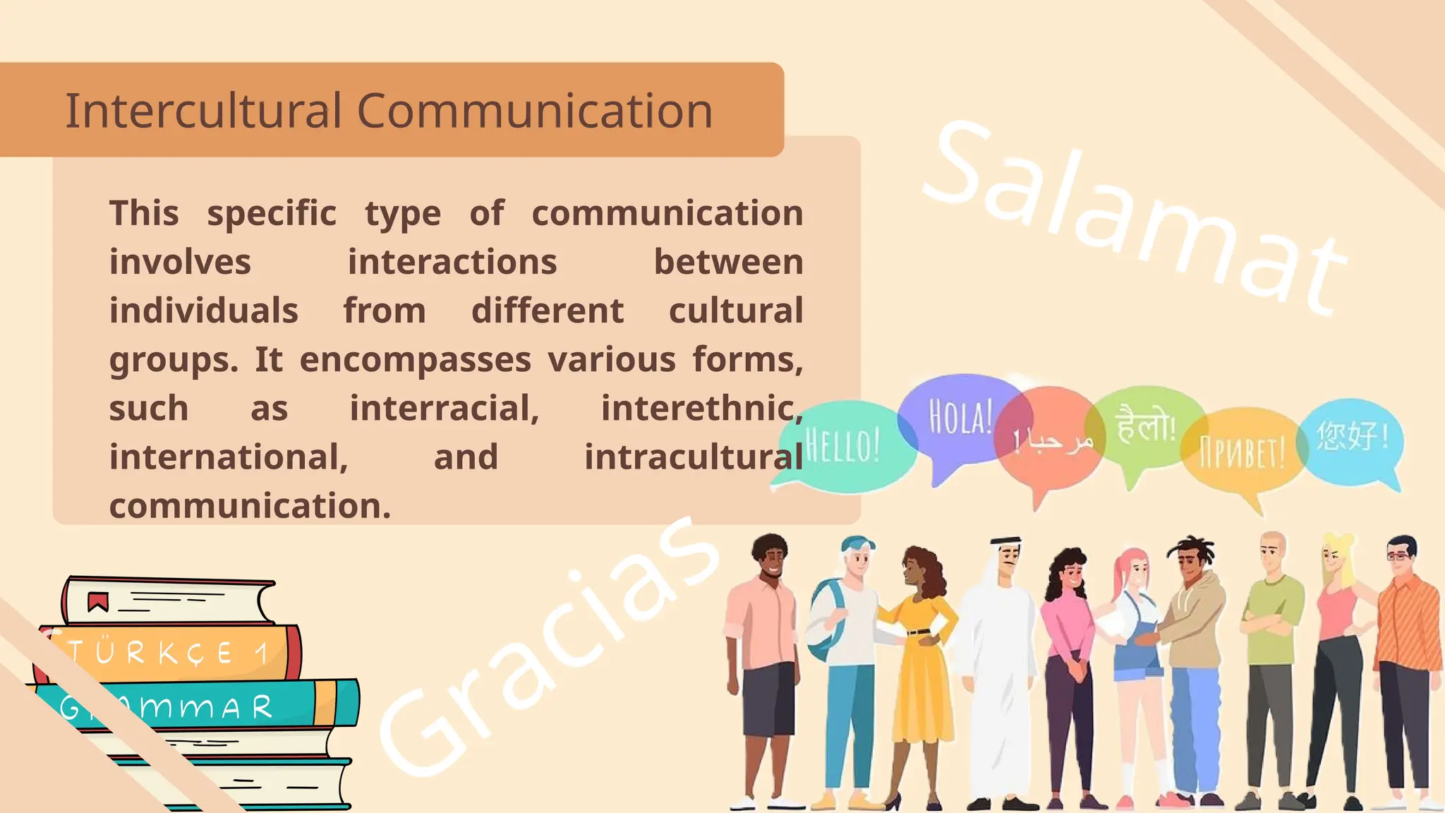 Intercultural Communication
This specific type of communication
involves interactions between
individuals from different cultural
groups. It encompasses various forms,
such as interracial, interethnic,
international, and intracultural
communication.
Salamat
Gracias
 
