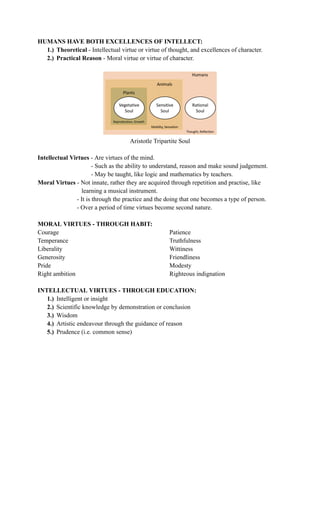 HUMANS HAVE BOTH EXCELLENCES OF INTELLECT:
1.)​ Theoretical - Intellectual virtue or virtue of thought, and excellences of character.
2.)​ Practical Reason - Moral virtue or virtue of character.
Aristotle Tripartite Soul
Intellectual Virtues - Are virtues of the mind.
- Such as the ability to understand, reason and make sound judgement.
- May be taught, like logic and mathematics by teachers.
Moral Virtues - Not innate, rather they are acquired through repetition and practise, like
learning a musical instrument.
- It is through the practice and the doing that one becomes a type of person.
- Over a period of time virtues become second nature.
MORAL VIRTUES - THROUGH HABIT:
Courage
Temperance
Liberality
Generosity
Pride
Right ambition
Patience
Truthfulness
Wittiness
Friendliness
Modesty
Righteous indignation
INTELLECTUAL VIRTUES - THROUGH EDUCATION:
1.)​ Intelligent or insight
2.)​ Scientific knowledge by demonstration or conclusion
3.)​ Wisdom
4.)​ Artistic endeavour through the guidance of reason
5.)​ Prudence (i.e. common sense)
 