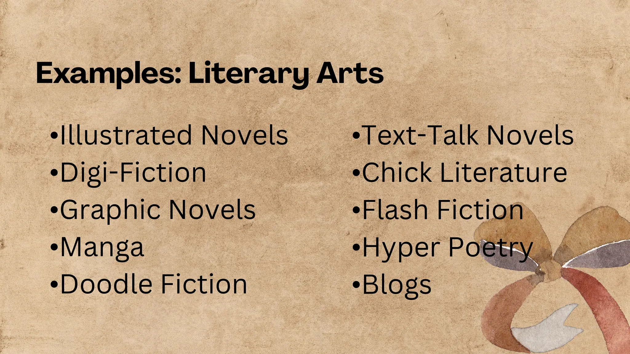 Examples: Literary Arts
•Illustrated Novels
•Digi-Fiction
•Graphic Novels
•Manga
•Doodle Fiction
•Text-Talk Novels
•Chick Literature
•Flash Fiction
•Hyper Poetry
•Blogs
 