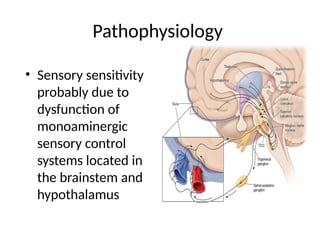 Pathophysiology
• Sensory sensitivity
probably due to
dysfunction of
monoaminergic
sensory control
systems located in
the brainstem and
hypothalamus
 
