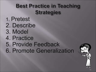 1. Pretest
2. Describe
3. Model
4. Practice
5. Provide Feedback
6. Promote Generalization
11
 