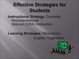 Instructional Strategy: Concrete-
Representational-
Abstract (CRA) Instruction
Learning Strategies: Mnemonics
Graphic Organizers
12
 