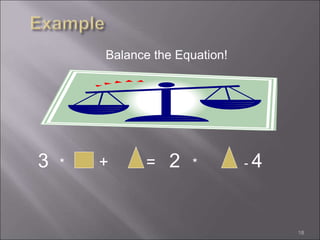 3 * + = 2 * - - 4
18
Balance the Equation!
 