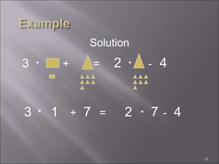 3 * + = 2 * - 4
19
3 * 1 + 7 = 2 * 7 - 4
Solution
 