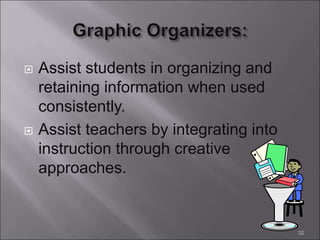  Assist students in organizing and
retaining information when used
consistently.
 Assist teachers by integrating into
instruction through creative
approaches.
32
 