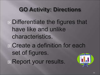  Differentiate the figures that
have like and unlike
characteristics.
 Create a definition for each
set of figures.
 Report your results.
34
 