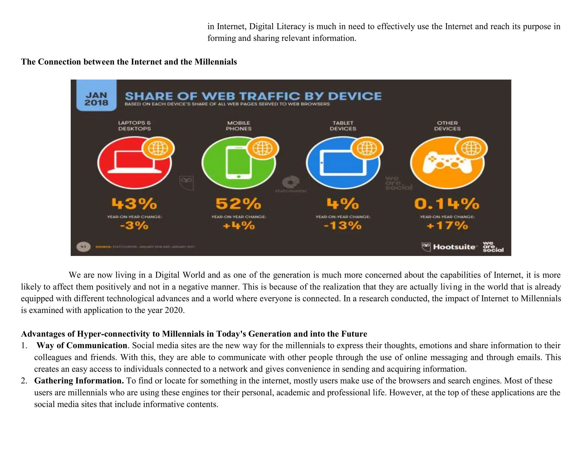 in Internet, Digital Literacy is much in need to effectively use the Internet and reach its purpose in
forming and sharing relevant information.
The Connection between the Internet and the Millennials
We are now living in a Digital World and as one of the generation is much more concerned about the capabilities of Internet, it is more
likely to affect them positively and not in a negative manner. This is because of the realization that they are actually living in the world that is already
equipped with different technological advances and a world where everyone is connected. In a research conducted, the impact of Internet to Millennials
is examined with application to the year 2020.
Advantages of Hyper-connectivity to Millennials in Today's Generation and into the Future
1. Way of Communication. Social media sites are the new way for the millennials to express their thoughts, emotions and share information to their
colleagues and friends. With this, they are able to communicate with other people through the use of online messaging and through emails. This
creates an easy access to individuals connected to a network and gives convenience in sending and acquiring information.
2. Gathering Information. To find or locate for something in the internet, mostly users make use of the browsers and search engines. Most of these
users are millennials who are using these engines tor their personal, academic and professional life. However, at the top of these applications are the
social media sites that include informative contents.
 
