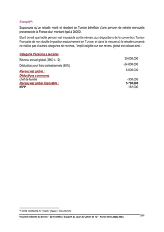 Fiscalité indirecte & directe – 2ème LNSG / Support du cours & Cahier de TD – Année Univ.2020/2021–
F.DERBEL
104
Exemple68-
Supposons qu’un retraité marié et résident en Tunisie bénéficie d’une pension de retraite mensuelle
provenant de la France d’un montant égal à 2500D.
Etant donné que ladite pension est imposable conformément aux dispositions de la convention Tuniso-
Française de non double imposition exclusivement en Tunisie, et dans la mesure où le retraité concerné
ne réalise pas d’autres catégories de revenus, l’impôt exigible sur son revenu global est calculé ainsi :
68 NOTE COMMUNE N° 18/2007 (Texte n° DGI 2007/29)
Catégorie Pensions e retraites
Revenu annuel global (2500 x 12) 30 000,000
Déduction pour frais professionnels (80%) -24 000,000
Revenu net global : 6 000,000
Déductions communes
chef de famille -300,000
Revenu net global imposable : 5 700,000
IRPP 182,000
 