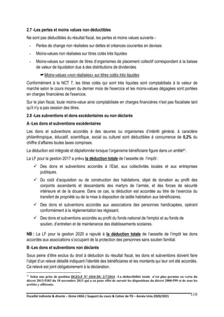Fiscalité indirecte & directe – 2ème LNSG / Support du cours & Cahier de TD – Année Univ.2020/2021–
F.DERBEL
118
2.7 -Les pertes et moins values non déductibles
Ne sont pas déductibles du résultat fiscal, les pertes et moins values suivants -
- Pertes de change non réalisées sur dettes et créances courantes en devises
- Moins-values non réalisées sur titres cotés très liquides
- Moins-values sur cession de titres d’organismes de placement collectif correspondant à la baisse
de valeur de liquidation due à des distributions de dividendes
Moins-values «non réalisées» sur titres cotés très liquides
Conformément à la NCT 7, les titres cotés qui sont très liquides sont comptabilisés à la valeur de
marché selon le cours moyen du dernier mois de l'exercice et les moins-values dégagées sont portées
en charges financières de l'exercice.
Sur le plan fiscal, toute moins-value ainsi comptabilisée en charges financières n'est pas fiscalisée tant
qu'il n'y a pas cession des titres.
2.8 -Les subventions et dons excédentaires ou non déclarés
A -Les dons et subventions excédentaires
Les dons et subventions accordés à des œuvres ou organismes d’intérêt général, à caractère
philanthropique, éducatif, scientifique, social ou culturel sont déductibles à concurrence de 0,2% du
chiffre d’affaires toutes taxes comprises.
La déduction est intégrale et déplafonnée lorsque l’organisme bénéficiaire figure dans un arrêté91.
La LF pour la gestion 2017 a prévu la déduction totale de l’assiette de l’impôt :
 Des dons et subventions accordés à l’Etat, aux collectivités locales et aux entreprises
publiques.
 Du coût d’acquisition ou de construction des habitations, objet de donation au profit des
conjoints ascendants et descendants des martyrs de l’armée, et des forces de sécurité
intérieure et de la douane. Dans ce cas, la déduction est accordée au titre de l’exercice du
transfert de propriété ou de la mise à disposition de ladite habitation aux bénéficiaires.
 Des dons et subventions accordés aux associations des personnes handicapées, opérant
conformément à la réglementation les régissant.
 Des dons et subventions accordés au profit du fonds national de l'emploi et au fonds de
soutien, d’entretien et de maintenance des établissements scolaires.
NB : La LF pour la gestion 2020 a rajouté à la déduction totale de l’assiette de l’impôt les dons
accordés aux associations s’occupant de la protection des personnes sans soutien familial.
B -Les dons et subventions non déclarés
Sous peine d’être exclus du droit à déduction du résultat fiscal, les dons et subventions doivent faire
l’objet d’un relevé détaillé indiquant l’identité des bénéficiaires et les montants qui leur ont été accordés.
Ce relevé est joint obligatoirement à la déclaration.
91 Selon une prise de position DGELF N° 1010 DU 2/7/2014 : La déductibilité totale n’est plus permise en vertu du
décret 2013-5183 du 18 novembre 2013 qui a eu pour effet de sursoir les dispositions du décret 2000-599 et de tous les
arrêtés y afférents.
 