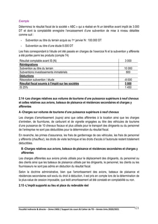 Fiscalité indirecte & directe – 2ème LNSG / Support du cours & Cahier de TD – Année Univ.2020/2021–
F.DERBEL
121
Exemple
Déterminez le résultat fiscal de la société « ABC » qui a réalisé en N un bénéfice avant impôt de 3.000
DT et dont la comptabilité enregistre l’encaissement d’une subvention de mise à niveau détaillée
comme suit :
- Subvention au titre du terrain acquis au 1er janvier N : 100.000 DT
- Subvention au titre d’une étude 8.000 DT
Les frais correspondant à l’étude ont été passés en charges de l’exercice N et la subvention y afférente
a été portée parmi les produits (compte 74)
Résultat comptable avant IS (N) 3 000
Réintégrations
Subvention au titre du terrain 10 000
Subventions investissements immatériels 800
Déductions
Résorption subvention / étude -8 000
Résultat fiscal soumis à l’impôt sur les sociétés 5 800
IS 25% 1 450
2.14 -Les charges relatives aux voitures de tourisme d’une puissance supérieure à neuf chevaux
et celles relatives aux avions, bateaux de plaisance et résidences secondaires et charges y
afférentes
A -Charges sur voitures de tourisme d’une puissance supérieure à neuf chevaux
Les charges d’amortissement (supra) ainsi que celles afférentes à la location ainsi que les charges
d’entretien, de fournitures, de carburant et de vignette engagées au titre des véhicules de tourisme
d’une puissance de 10 chevaux fiscaux et plus utilisés pour le transport des dirigeants ou du personnel
de l’entreprise ne sont pas déductibles pour la détermination du résultat fiscal.
En revanche, les primes d’assurance, les frais de gardiennage de ces véhicules, les frais de personnel
y afférents (chauffeur), les droits de visite technique et les droits d'accès à l'autoroute restent totalement
déductibles.
B -Charges relatives aux avions, bateaux de plaisance et résidences secondaires et charges y
afférentes
Les charges afférentes aux avions privés utilisés pour le déplacement des dirigeants, du personnel ou
des clients ainsi que les bateaux de plaisance utilisés par les dirigeants, le personnel, les clients ou les
fournisseurs ne sont pas admis en déduction du résultat fiscal.
Selon la doctrine administrative, bien que l'amortissement des avions, bateaux de plaisance et
résidences secondaires soit exclu du droit à déduction, il est pris en compte lors de la détermination de
la plus-value de cession imposable, que ledit amortissement ait été constaté en comptabilité ou non.
2.15 -L’impôt supporté au lieu et place du redevable réel
 