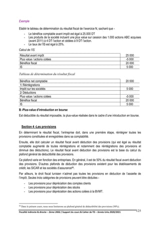 Fiscalité indirecte & directe – 2ème LNSG / Support du cours & Cahier de TD – Année Univ.2020/2021–
F.DERBEL
125
Exemple
Etablir le tableau de détermination du résultat fiscal de l’exercice N, sachant que -
- Le bénéfice comptable avant impôt est égal à 25.000 DT
- Les produits de la société incluent une plus value sur cession des 1.000 actions ABC acquises
(avant 2011) à 4 DT l’action et cédées à 9 DT l’action.
- Le taux de l’IS est égal à 25%.
Calcul de l’IS
Résultat avant impôt 25 000
Plus value / actions cotées -5 000
Bénéfice fiscal 20 000
IS 5 000
Tableau de détermination du résultat fiscal
Bénéfice net comptable 20 000
1/ Réintégrations
Impôt sur les sociétés 5 000
2/ Déductions
Plus value / actions cotées -5 000
Bénéfice fiscal 20 000
IS 5 000
B -Plus-value d'introduction en bourse
Est déductible du résultat imposable, la plus-value réalisée dans le cadre d’une introduction en bourse.
Section 4 -Les provisions
En déterminant le résultat fiscal, l’entreprise doit, dans une première étape, réintégrer toutes les
provisions constituées et enregistrées dans sa comptabilité.
Ensuite, elle doit calculer un résultat fiscal avant déduction des provisions (qui est égal au résultat
comptable augmenté de toutes réintégrations et notamment des réintégrations des provisions et
diminué des déductions). Le résultat fiscal avant déduction des provisions est la base du calcul du
plafond général de déductibilité des provisions.
Ce plafond varie en fonction des entreprises. En général, il est de 50% du résultat fiscal avant déduction
des provisions. D’autres plafonds de déduction des provisions existent pour les établissements de
crédit, les SICAR et les sociétés d’assurance99.
Par ailleurs, le droit fiscal tunisien n’admet pas toutes les provisions en déduction de l’assiette de
l’impôt. Seules trois catégories de provisions peuvent être déduites -
- Les provisions pour dépréciation des comptes clients
- Les provisions pour dépréciation des stocks
- Les provisions pour dépréciation des actions cotées à la BVMT.
99 Dans le présent cours, nous nous limiterons au plafond général de déductibilité des provisions (50%).
 