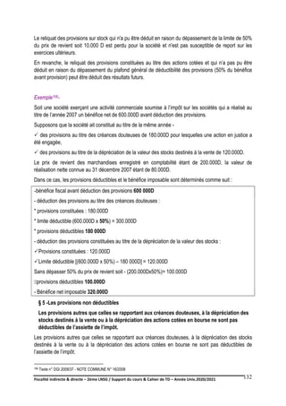 Fiscalité indirecte & directe – 2ème LNSG / Support du cours & Cahier de TD – Année Univ.2020/2021–
F.DERBEL
132
Le reliquat des provisions sur stock qui n'a pu être déduit en raison du dépassement de la limite de 50%
du prix de revient soit 10.000 D est perdu pour la société et n'est pas susceptible de report sur les
exercices ultérieurs.
En revanche, le reliquat des provisions constituées au titre des actions cotées et qui n’a pas pu être
déduit en raison du dépassement du plafond général de déductibilité des provisions (50% du bénéfice
avant provision) peut être déduit des résultats futurs.
Exemple106-
Soit une société exerçant une activité commerciale soumise à l’impôt sur les sociétés qui a réalisé au
titre de l’année 2007 un bénéfice net de 600.000D avant déduction des provisions.
Supposons que la société ait constitué au titre de la même année -
 des provisions au titre des créances douteuses de 180.000D pour lesquelles une action en justice a
été engagée,
 des provisions au titre de la dépréciation de la valeur des stocks destinés à la vente de 120.000D.
Le prix de revient des marchandises enregistré en comptabilité étant de 200.000D, la valeur de
réalisation nette connue au 31 décembre 2007 étant de 80.000D.
Dans ce cas, les provisions déductibles et le bénéfice imposable sont déterminés comme suit :
-bénéfice fiscal avant déduction des provisions 600 000D
- déduction des provisions au titre des créances douteuses :
* provisions constituées : 180.000D
* limite déductible (600.000D x 50%) = 300.000D
* provisions déductibles 180 000D
- déduction des provisions constituées au titre de la dépréciation de la valeur des stocks :
Provisions constituées : 120.000D
Limite déductible [(600.000D x 50%) – 180 000D] = 120.000D
Sans dépasser 50% du prix de revient soit - (200.000Dx50%)= 100.000D
provisions déductibles 100.000D
- Bénéfice net imposable 320.000D
§ 5 -Les provisions non déductibles
Les provisions autres que celles se rapportant aux créances douteuses, à la dépréciation des
stocks destinés à la vente ou à la dépréciation des actions cotées en bourse ne sont pas
déductibles de l’assiette de l’impôt.
Les provisions autres que celles se rapportant aux créances douteuses, à la dépréciation des stocks
destinés à la vente ou à la dépréciation des actions cotées en bourse ne sont pas déductibles de
l’assiette de l’impôt.
106 Texte n° DGI 2008/37 - NOTE COMMUNE N° 16/2008
 
