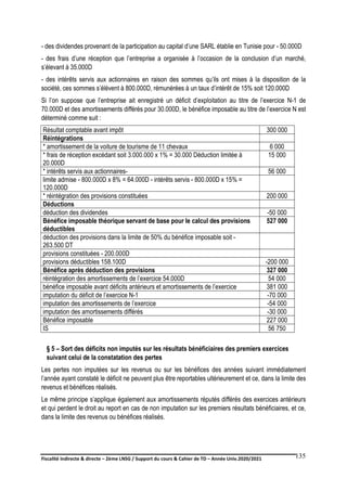 Fiscalité indirecte & directe – 2ème LNSG / Support du cours & Cahier de TD – Année Univ.2020/2021–
F.DERBEL
135
- des dividendes provenant de la participation au capital d’une SARL établie en Tunisie pour - 50.000D
- des frais d’une réception que l’entreprise a organisée à l’occasion de la conclusion d’un marché,
s’élevant à 35.000D
- des intérêts servis aux actionnaires en raison des sommes qu’ils ont mises à la disposition de la
société, ces sommes s’élèvent à 800.000D, rémunérées à un taux d’intérêt de 15% soit 120.000D
Si l’on suppose que l’entreprise ait enregistré un déficit d’exploitation au titre de l’exercice N-1 de
70.000D et des amortissements différés pour 30.000D, le bénéfice imposable au titre de l’exercice N est
déterminé comme suit :
Résultat comptable avant impôt 300 000
Réintégrations
* amortissement de la voiture de tourisme de 11 chevaux 6 000
* frais de réception excédant soit 3.000.000 x 1% = 30.000 Déduction limitée à
20.000D
15 000
* intérêts servis aux actionnaires- 56 000
limite admise - 800.000D x 8% = 64.000D - intérêts servis - 800.000D x 15% =
120.000D
* réintégration des provisions constituées 200 000
Déductions
déduction des dividendes -50 000
Bénéfice imposable théorique servant de base pour le calcul des provisions
déductibles
527 000
déduction des provisions dans la limite de 50% du bénéfice imposable soit -
263.500 DT
provisions constituées - 200.000D
provisions déductibles 158.100D -200 000
Bénéfice après déduction des provisions 327 000
réintégration des amortissements de l’exercice 54.000D 54 000
bénéfice imposable avant déficits antérieurs et amortissements de l’exercice 381 000
imputation du déficit de l’exercice N-1 -70 000
imputation des amortissements de l’exercice -54 000
imputation des amortissements différés -30 000
Bénéfice imposable 227 000
IS 56 750
§ 5 – Sort des déficits non imputés sur les résultats bénéficiaires des premiers exercices
suivant celui de la constatation des pertes
Les pertes non imputées sur les revenus ou sur les bénéfices des années suivant immédiatement
l’année ayant constaté le déficit ne peuvent plus être reportables ultérieurement et ce, dans la limite des
revenus et bénéfices réalisés.
Le même principe s’applique également aux amortissements réputés différés des exercices antérieurs
et qui perdent le droit au report en cas de non imputation sur les premiers résultats bénéficiaires, et ce,
dans la limite des revenus ou bénéfices réalisés.
 