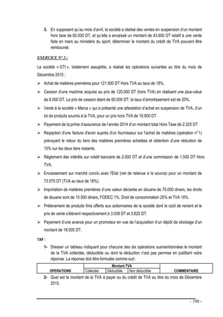 - 190 -
3. En supposant qu’au mois d’avril, la société a réalisé des ventes en suspension d’un montant
hors taxe de 60.000 DT, et qu’elle a encaissé un montant de 43.600 DT relatif à une vente
faite en mars au ministère du sport, déterminer le montant du crédit de TVA pouvant être
remboursé.
EXERCICE N° 3 :
La société « GTI », totalement assujettie, a réalisé les opérations suivantes au titre du mois de
Décembre 2015 :
 Achat de matières premières pour 121.500 DT Hors TVA au taux de 18%.
 Cession d’une machine acquise au prix de 120.000 DT (hors TVA) en réalisant une plus-value
de 8.000 DT. Le prix de cession étant de 60.000 DT, le taux d’amortissement est de 20%.
 Vente à la société « Marca » qui a présenté une attestation d’achat en suspension de TVA, d’un
lot de produits soumis à la TVA, pour un prix hors TVA de 18.900 DT.
 Payement de la prime d’assurance de l’année 2014 d’un montant total Hors Taxe de 2.325 DT.
 Reçeption d'une facture d'avoir auprès d'un fournisseur sur l'achat de matières (opération n°1)
prévoyant le retour du tiers des matières premières achetées et obtention d’une réduction de
10% sur les deux tiers restants.
 Règlement des intérêts sur crédit bancaire de 2.000 DT et d’une commission de 1.500 DT Hors
TVA.
 Encaissement sur marché conclu avec l'Etat (net de retenue à la source) pour un montant de
73.575 DT (TVA au taux de 18%).
 Importation de matières premières d’une valeur déclarée en douane de 75.000 dinars, les droits
de douane sont de 10.500 dinars, FODEC 1%, Droit de consommation 25% et TVA 18%.
 Prélèvement de produits finis offerts aux actionnaires de la société dont le coût de revient et le
prix de vente s'élèvent respectivement à 3.038 DT et 3.825 DT.
 Payement d’une avance pour un promoteur en vue de l’acquisition d’un dépôt de stockage d’un
montant de 18.000 DT.
TAF :
1- Dresser un tableau indiquant pour chacune des dix opérations susmentionnées le montant
de la TVA collectée, déductible ou dont la déduction n’est pas permise en justifiant votre
réponse. La réponse doit être formulée comme suit :
OPERATIONS
Montant TVA
COMMENTAIRE
Collectée Déductible Non déductible
2- Quel est le montant de la TVA à payer ou du crédit de TVA au titre du mois de Décembre
2015.
 