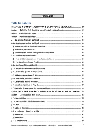 Fiscalité indirecte & directe – 2ème LNSG / Support du cours & Cahier de TD – Année Univ.2020/2021–
F.DERBEL
5
SOMMAIRE
Table des matières
CHAPITRE 1- L’IMPOT - DEFINITION & CARACTERES GENERAUX................... 10
Section 1 – Définition de la fiscalité et apparition de la notion d’impôt................................... 10
Section 2 – Définitions de l’impôt....................................................................................... 11
Section 3 – Fonctions de l’impôt........................................................................................ 11
A- La fonction financière de l’impôt ................................................................................ 11
B. La fonction économique de l’impôt ................................................................................ 13
§ 1- La fiscalité, outil de politique économique............................................................................ 13
§ 2- Le taux de pression fiscale ................................................................................................. 13
§ 3- Incidence de la fiscalité sur la qualité de la concurrence ........................................................ 13
C. La fonction sociale de l'impôt ........................................................................................ 14
§ 1 - Les conditions d'exercice du devoir fiscal des citoyens ........................................................ 14
§ 2 - La régulation sociale par l'impôt......................................................................................... 14
D. La fonction politique de l'impôt...................................................................................... 14
§ 1 - Le Caractère autoritaire des impositions...................................................................... 15
§ 2 - Le caractère général de l'imposition............................................................................ 15
§ 3 - L'absence de contrepartie directe ............................................................................... 15
§ 4 - Le caractère pécuniaire de l'impôt............................................................................... 15
§ 5 - Le caractère définitif de l'impôt................................................................................... 15
§ 6 - La nature législative de l'impôt ................................................................................... 15
§ 7 - La finalité de couverture des charges publiques........................................................... 15
CHAPITRE 2- FONDEMENTS JURIDIQUES & CLASSIFICATION DES IMPOTS. 16
Section 1 - Les sources du droit fiscal................................................................................ 16
§ 1 - La constitution : ........................................................................................................ 16
§ 2 - Les conventions fiscales internationales : ................................................................... 16
§ 3 - La loi :...................................................................................................................... 16
§ 4 - La loi de finances : .................................................................................................... 16
§ 6- Le règlement : décrets et arrêtés :................................................................................ 17
(1) Les décrets :....................................................................................................................... 17
(2) Les arrêtés : ....................................................................................................................... 17
§ 7- La jurisprudence : ...................................................................................................... 17
 