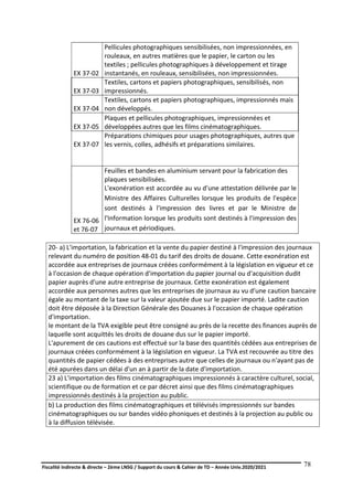 Fiscalité indirecte & directe – 2ème LNSG / Support du cours & Cahier de TD – Année Univ.2020/2021–
F.DERBEL
78
EX 37-02
Pellicules photographiques sensibilisées, non impressionnées, en
rouleaux, en autres matières que le papier, le carton ou les
textiles ; pellicules photographiques à développement et tirage
instantanés, en rouleaux, sensibilisées, non impressionnées.
EX 37-03
Textiles, cartons et papiers photographiques, sensibilisés, non
impressionnés.
EX 37-04
Textiles, cartons et papiers photographiques, impressionnés mais
non développés.
EX 37-05
Plaques et pellicules photographiques, impressionnées et
développées autres que les films cinématographiques.
EX 37-07
Préparations chimiques pour usages photographiques, autres que
les vernis, colles, adhésifs et préparations similaires.
EX 76-06
et 76-07
Feuilles et bandes en aluminium servant pour la fabrication des
plaques sensibilisées.
L'exonération est accordée au vu d'une attestation délivrée par le
Ministre des Affaires Culturelles lorsque les produits de l'espèce
sont destinés à l'impression des livres et par le Ministre de
l'Information lorsque les produits sont destinés à l'impression des
journaux et périodiques.
20- a) L'importation, la fabrication et la vente du papier destiné à l'impression des journaux
relevant du numéro de position 48-01 du tarif des droits de douane. Cette exonération est
accordée aux entreprises de journaux créées conformément à la législation en vigueur et ce
à l'occasion de chaque opération d'importation du papier journal ou d'acquisition dudit
papier auprès d'une autre entreprise de journaux. Cette exonération est également
accordée aux personnes autres que les entreprises de journaux au vu d'une caution bancaire
égale au montant de la taxe sur la valeur ajoutée due sur le papier importé. Ladite caution
doit être déposée à la Direction Générale des Douanes à l'occasion de chaque opération
d'importation.
le montant de la TVA exigible peut être consigné au près de la recette des finances auprès de
laquelle sont acquittés les droits de douane dus sur le papier importé.
L'apurement de ces cautions est effectué sur la base des quantités cédées aux entreprises de
journaux créées conformément à la législation en vigueur. La TVA est recouvrée au titre des
quantités de papier cédées à des entreprises autre que celles de journaux ou n'ayant pas de
été apurées dans un délai d'un an à partir de la date d'importation.
23 a) L'importation des films cinématographiques impressionnés à caractère culturel, social,
scientifique ou de formation et ce par décret ainsi que des films cinématographiques
impressionnés destinés à la projection au public.
b) La production des films cinématographiques et télévisés impressionnés sur bandes
cinématographiques ou sur bandes vidéo phoniques et destinés à la projection au public ou
à la diffusion télévisée.
 