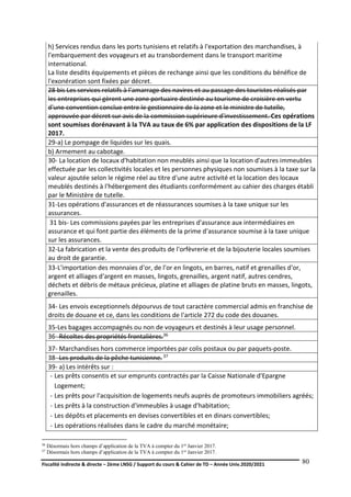 Fiscalité indirecte & directe – 2ème LNSG / Support du cours & Cahier de TD – Année Univ.2020/2021–
F.DERBEL
80
h) Services rendus dans les ports tunisiens et relatifs à l'exportation des marchandises, à
l'embarquement des voyageurs et au transbordement dans le transport maritime
international.
La liste desdits équipements et pièces de rechange ainsi que les conditions du bénéfice de
l'exonération sont fixées par décret.
28 bis Les services relatifs à l'amarrage des navires et au passage des touristes réalisés par
les entreprises qui gèrent une zone portuaire destinée au tourisme de croisière en vertu
d'une convention conclue entre le gestionnaire de la zone et le ministre de tutelle,
approuvée par décret sur avis de la commission supérieure d'investissement. Ces opérations
sont soumises dorénavant à la TVA au taux de 6% par application des dispositions de la LF
2017.
29-a) Le pompage de liquides sur les quais.
b) Armement au cabotage.
30- La location de locaux d'habitation non meublés ainsi que la location d'autres immeubles
effectuée par les collectivités locales et les personnes physiques non soumises à la taxe sur la
valeur ajoutée selon le régime réel au titre d'une autre activité et la location des locaux
meublés destinés à l'hébergement des étudiants conformément au cahier des charges établi
par le Ministère de tutelle.
31-Les opérations d'assurances et de réassurances soumises à la taxe unique sur les
assurances.
31 bis- Les commissions payées par les entreprises d'assurance aux intermédiaires en
assurance et qui font partie des éléments de la prime d'assurance soumise à la taxe unique
sur les assurances.
32-La fabrication et la vente des produits de l'orfèvrerie et de la bijouterie locales soumises
au droit de garantie.
33-L'importation des monnaies d'or, de l'or en lingots, en barres, natif et grenailles d'or,
argent et alliages d'argent en masses, lingots, grenailles, argent natif, autres cendres,
déchets et débris de métaux précieux, platine et alliages de platine bruts en masses, lingots,
grenailles.
34- Les envois exceptionnels dépourvus de tout caractère commercial admis en franchise de
droits de douane et ce, dans les conditions de l'article 272 du code des douanes.
35-Les bagages accompagnés ou non de voyageurs et destinés à leur usage personnel.
36- Récoltes des propriétés frontalières.36
37- Marchandises hors commerce importées par colis postaux ou par paquets-poste.
38- Les produits de la pêche tunisienne. 37
39- a) Les intérêts sur :
- Les prêts consentis et sur emprunts contractés par la Caisse Nationale d'Epargne
Logement;
- Les prêts pour l'acquisition de logements neufs auprès de promoteurs immobiliers agréés;
- Les prêts à la construction d'immeubles à usage d'habitation;
- Les dépôts et placements en devises convertibles et en dinars convertibles;
- Les opérations réalisées dans le cadre du marché monétaire;
36 Désormais hors champs d’application de la TVA à compter du 1er Janvier 2017.
37 Désormais hors champs d’application de la TVA à compter du 1er Janvier 2017.
 