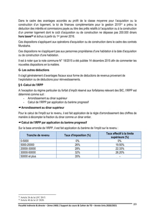 Fiscalité indirecte & directe – 2ème LNSG / Support du cours & Cahier de TD – Année Univ.2020/2021–
F.DERBEL
89
Dans le cadre des avantages accordés au profit de la classe moyenne pour l’acquisition ou la
construction d’un logement, la loi de finances complémentaire pour la gestion 201551 a prévu la
déduction des intérêts et commissions payés au titre des prêts relatifs à l’acquisition ou à la construction
d’un premier logement dont le coût d’acquisition ou de construction ne dépasse pas 200.000 dinars
hors taxes52 et échus à partir du 1er janvier 2016.
Ces dispositions s'appliquent aux opérations d'acquisition ou de construction dans le cadre des contrats
Murabaha.
Ces dispositions ne s'appliquent pas aux personnes propriétaires d'une habitation à la date d'acquisition
ou de construction d'une habitation.
Il est à noter que la note commune N° 18/2015 a été publiée 14 décembre 2015 afin de commenter les
nouvelles dispositions en la matière.
G- Les autres déductions
Il s’agit généralement d’avantages fiscaux sous forme de déductions de revenus provenant de
l’exploitation ou de déductions pour réinvestissements.
§ 6 -Calcul de l’IRPP
A l’exception du régime particulier du forfait d’impôt réservé aux forfaitaires relevant des BIC, l’IRPP est
déterminé comme suit :
- Arrondissement au dinar supérieur
- Calcul de l’IRPP par application du barème progressif
Arrondissement au dinar supérieur
Pour le calcul de l'impôt sur le revenu, il est fait application de la règle d'arrondissement des chiffres de
manière à décompter la fraction du dinar comme un dinar entier.
Calcul de l’IRPP par application du barème progressif
Sur la base arrondie de l’IRPP, il est fait application du barème de l’impôt sur le revenu :
Tranche de revenu Taux d'imposition (%)
Taux effectif à la limite
supérieure (%)
0-5000 0% 0%
5000-20000 26% 19.50%
20000-30000 28% 22.33%
30000-50000 32% 26.20%
50000 et plus 35% -
51 Article 26 de la LFC 2015.
52 Article 40 de la LF 2020.
 
