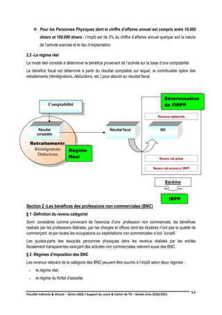 Fiscalité indirecte & directe – 2ème LNSG / Support du cours & Cahier de TD – Année Univ.2020/2021–
F.DERBEL
94
 Pour les Personnes Physiques dont le chiffre d’affaires annuel est compris entre 10.000
dinars et 100.000 dinars : l’impôt est de 3% du chiffre d’affaires annuel quelque soit la nature
de l’activité exercée et le lieu d’implantation.
2.2 -Le régime réel
Le mode réel consiste à déterminer le bénéfice provenant de l’activité sur la base d’une comptabilité.
Le bénéfice fiscal est déterminé à partir du résultat comptable sur lequel, le contribuable opère des
retraitements (réintégrations, déductions, etc.) pour aboutir au résultat fiscal.
Section 2 -Les bénéfices des professions non commerciales (BNC)
§ 1 -Définition du revenu catégoriel
Sont- considérés comme provenant de l'exercice d'une profession non commerciale, les bénéfices
réalisés par les professions libérales, par les charges et offices dont les titulaires n'ont pas la qualité de
commerçant, et par toutes les occupations ou exploitations non commerciales à but lucratif.
Les quotes-parts des associés personnes physiques dans les revenus réalisés par les entités
fiscalement transparentes exerçant des activités non commerciales relèvent aussi des BNC.
§ 2 -Régimes d’imposition des BNC
Les revenus relevant de la catégorie des BNC peuvent être soumis à l’impôt selon deux régimes :
- le régime réel.
- le régime du forfait d’assiette.
Retraitements
Réintégrations
Déductions
Comptabilité
Résultat
comptable
Résultat fiscal
Régime
Réel
BIC
Détermination
de l’IRPP
Revenus catégoriels
Revenu net global
Revenu net soumis à l’IRPP
Barème
IRPP
 