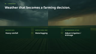 08 / AGRINIVARA
Weather that becomes a farming decision.
WEATHER DATA
Heavy rainfall
AGRICULTURAL RISK
Waterlogging
RECOMMENDED ACTION
Adjust irrigation /
drainage
 