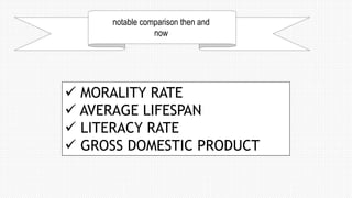notable comparison then and
now
 MORALITY RATE
 AVERAGE LIFESPAN
 LITERACY RATE
 GROSS DOMESTIC PRODUCT
 