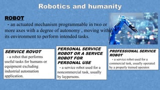 SERVICE ROVOT
- a robot that performs
useful tasks for humans or
equipment excluding
industrial automation
application.
PERSONAL SERVICE
ROBOT OR A SERVCE
ROBOT FOR
PERSONAL USE
- a service robot used for a
noncommercial task, usually
by laypersons.
PROFESSIONAL SERVICE
ROBOT
- a service robot used for a
commercial task, usually operated
by a properly trained operator.
ROBOT
- an actuated mechanism programmable in two or
more axes with a degree of autonomy , moving within
its environment to perform intended tasks.
 