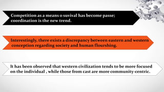 Competition as a means o suvival has become passe;
coordination is the new trend.
Interestingly, there exists a discrepancy between eastern and western
conception regarding society and human flourshing.
It has been observed that western civilization tends to be more focused
on the individual , while those from cast are more community-centric.
 
