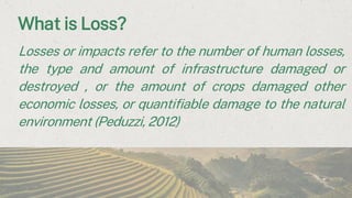 What is Loss?
Losses or impacts refer to the number of human losses,
the type and amount of infrastructure damaged or
destroyed , or the amount of crops damaged other
economic losses, or quantifiable damage to the natural
environment (Peduzzi, 2012)
 