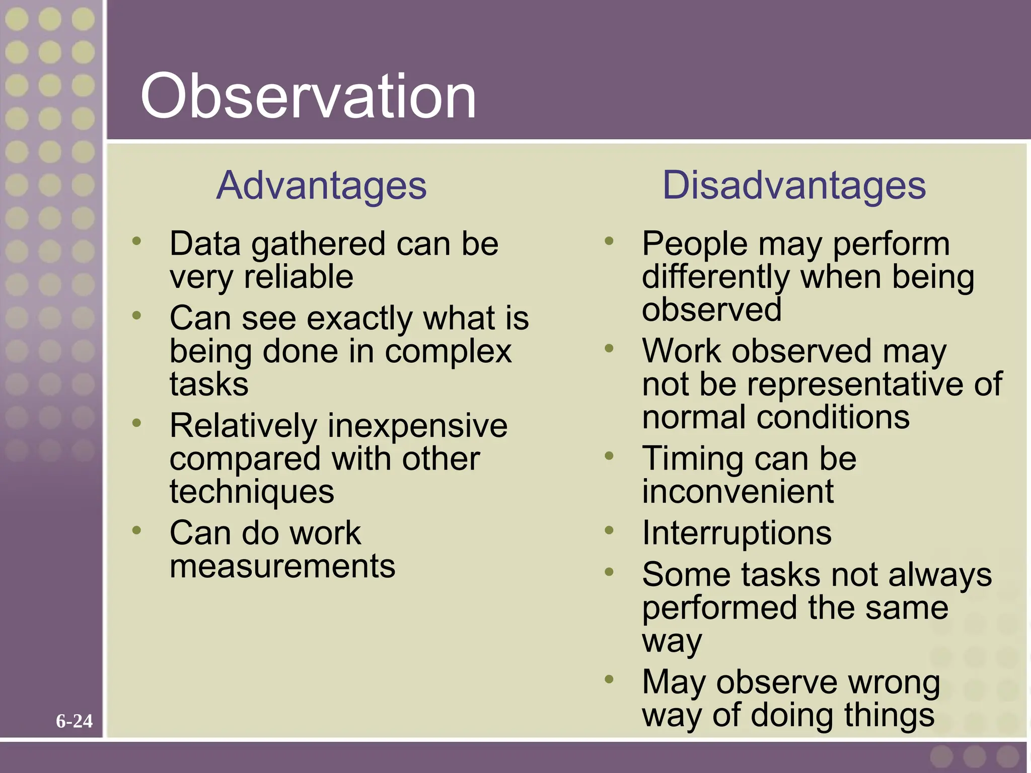 6-24
Observation
• Data gathered can be
very reliable
• Can see exactly what is
being done in complex
tasks
• Relatively inexpensive
compared with other
techniques
• Can do work
measurements
• People may perform
differently when being
observed
• Work observed may
not be representative of
normal conditions
• Timing can be
inconvenient
• Interruptions
• Some tasks not always
performed the same
way
• May observe wrong
way of doing things
Advantages Disadvantages
 
