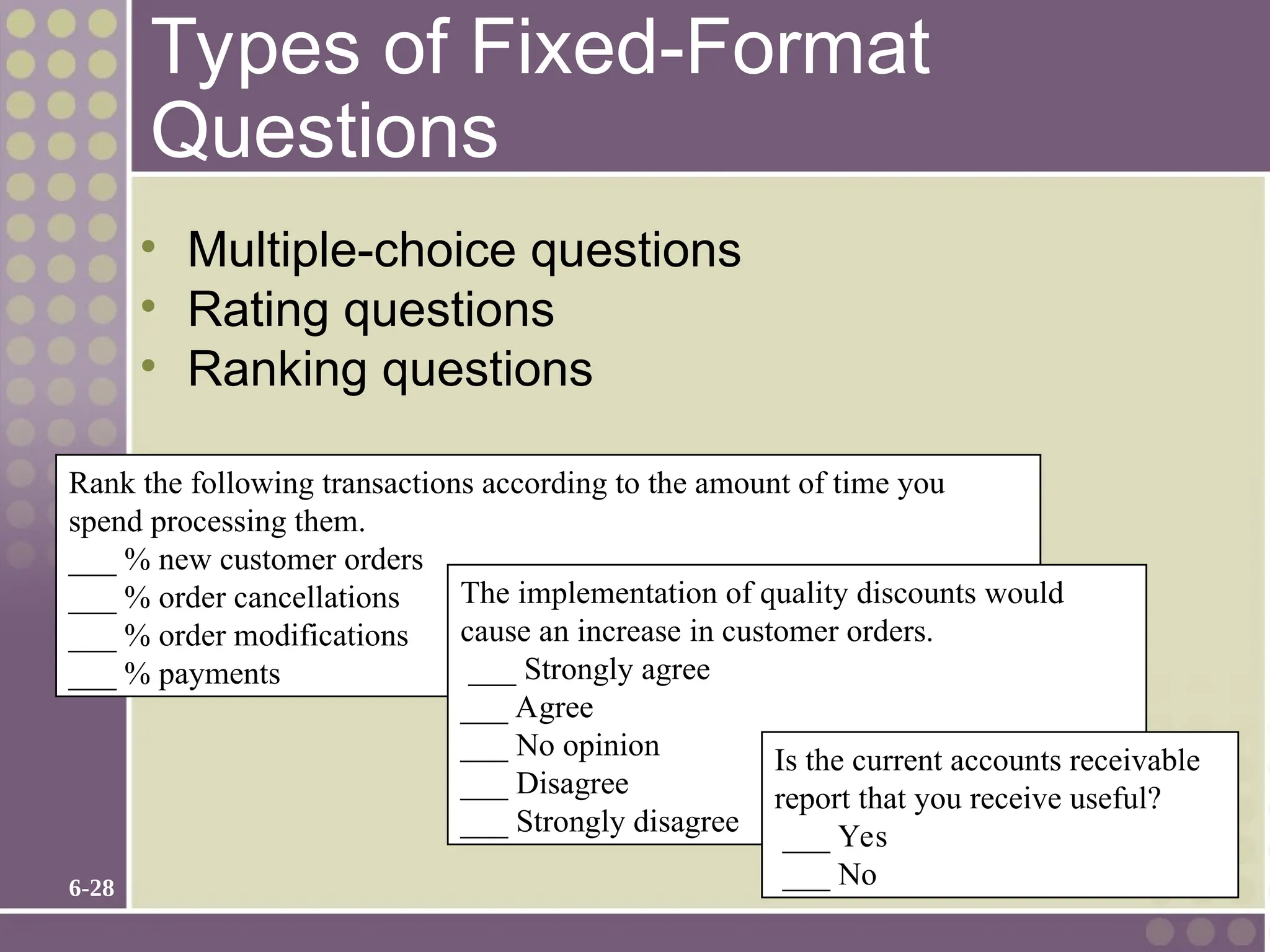 6-28
Types of Fixed-Format
Questions
• Multiple-choice questions
• Rating questions
• Ranking questions
Rank the following transactions according to the amount of time you
spend processing them.
___ % new customer orders
___ % order cancellations
___ % order modifications
___ % payments
The implementation of quality discounts would
cause an increase in customer orders.
___ Strongly agree
___ Agree
___ No opinion
___ Disagree
___ Strongly disagree
Is the current accounts receivable
report that you receive useful?
___ Yes
___ No
 