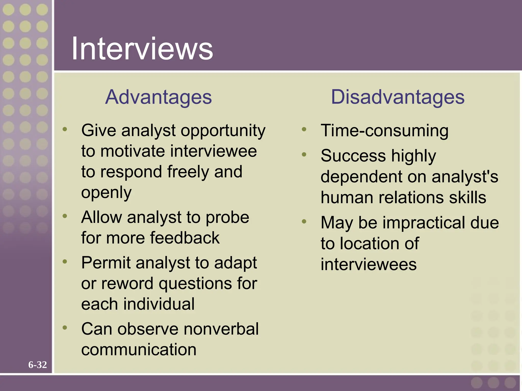 6-32
Interviews
• Give analyst opportunity
to motivate interviewee
to respond freely and
openly
• Allow analyst to probe
for more feedback
• Permit analyst to adapt
or reword questions for
each individual
• Can observe nonverbal
communication
• Time-consuming
• Success highly
dependent on analyst's
human relations skills
• May be impractical due
to location of
interviewees
Advantages Disadvantages
 
