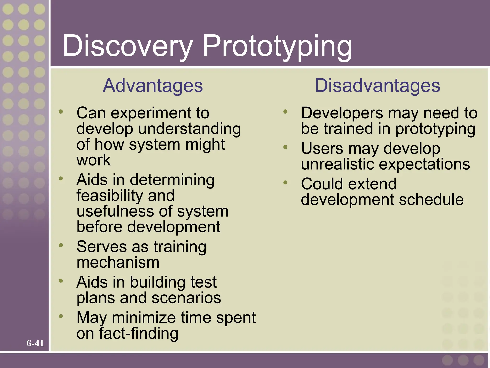6-41
Discovery Prototyping
• Can experiment to
develop understanding
of how system might
work
• Aids in determining
feasibility and
usefulness of system
before development
• Serves as training
mechanism
• Aids in building test
plans and scenarios
• May minimize time spent
on fact-finding
• Developers may need to
be trained in prototyping
• Users may develop
unrealistic expectations
• Could extend
development schedule
Advantages Disadvantages
 