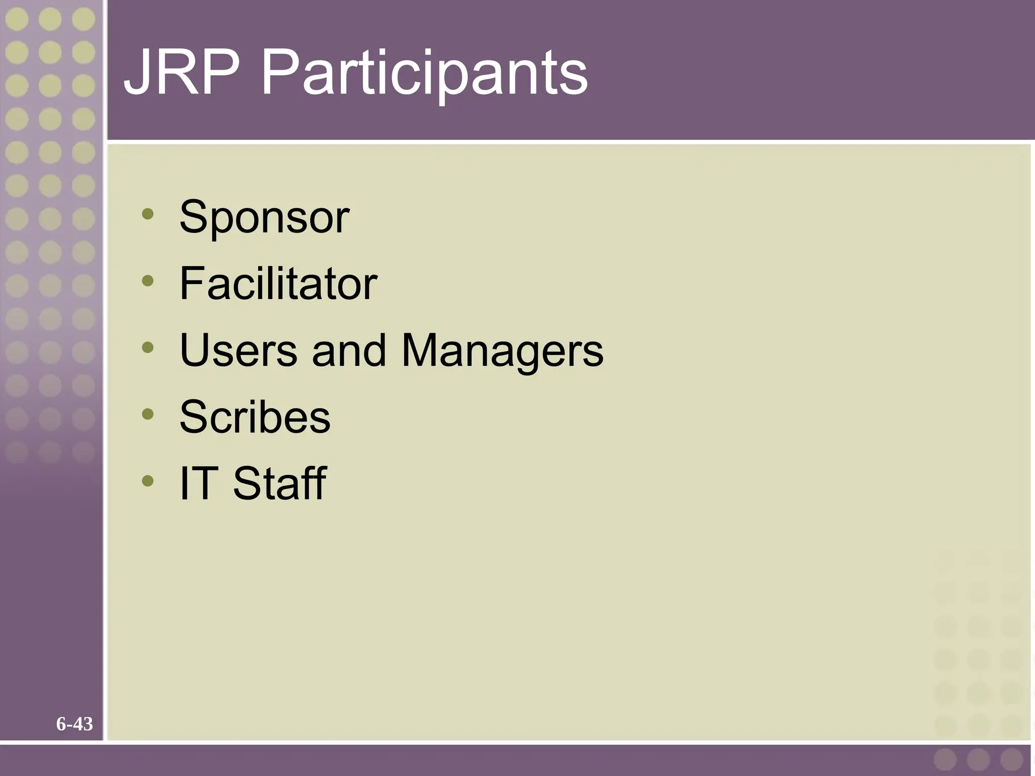 6-43
JRP Participants
• Sponsor
• Facilitator
• Users and Managers
• Scribes
• IT Staff
 