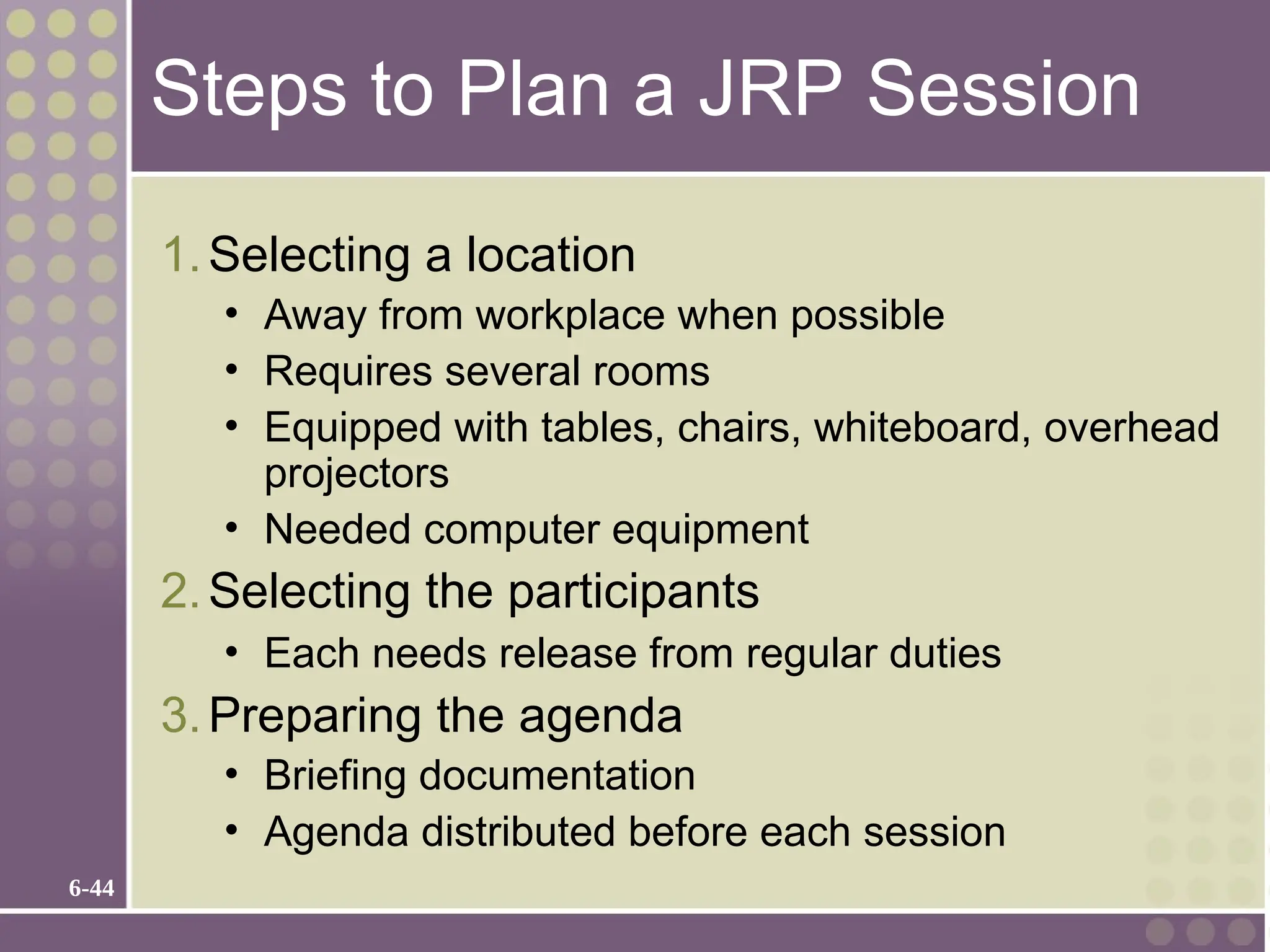 6-44
Steps to Plan a JRP Session
1.Selecting a location
• Away from workplace when possible
• Requires several rooms
• Equipped with tables, chairs, whiteboard, overhead
projectors
• Needed computer equipment
2.Selecting the participants
• Each needs release from regular duties
3.Preparing the agenda
• Briefing documentation
• Agenda distributed before each session
 
