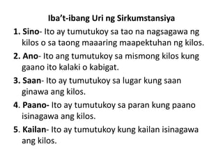 Iba’t-ibang Uri ng Sirkumstansiya
1. Sino- Ito ay tumutukoy sa tao na nagsagawa ng
kilos o sa taong maaaring maapektuhan ng kilos.
2. Ano- Ito ang tumutukoy sa mismong kilos kung
gaano ito kalaki o kabigat.
3. Saan- Ito ay tumutukoy sa lugar kung saan
ginawa ang kilos.
4. Paano- Ito ay tumutukoy sa paran kung paano
isinagawa ang kilos.
5. Kailan- Ito ay tumutukoy kung kailan isinagawa
ang kilos.
 
