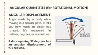 ANGULAR QUANTITIES (for ROTATIONAL MOTION)
Angle made by a body while
moving in a circular path. It tells
you how much an object has
rotated. It's measured in
radians, degrees, or revolutions.
ANGULAR DISPLACEMENT
A door opening 90 degrees has
an angular displacement of
π/2 radians.
 