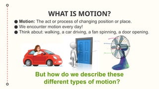 WHAT IS MOTION?
● Motion: The act or process of changing position or place.
● We encounter motion every day!
● Think about: walking, a car driving, a fan spinning, a door opening.
But how do we describe these
different types of motion?
 