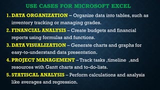 USE CASES FOR MICROSOFT EXCEL
1. DATA ORGANIZATION – Organize data into tables, such as
inventory tracking or managing grades.
2. FINANCIAL ANALYSIS – Create budgets and financial
reports using formulas and functions.
3. DATAVISUALIZATION – Generate charts and graphs for
easy-to-understand data presentation.
4. PROJECT MANAGEMENT – Track tasks ,timeline ,and
resources with Gantt charts and to-do-lists.
5. STATISCAL ANALYSIS – Perform calculations and analysis
like averages and regression.
 
