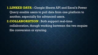 1.LINKED DATA : Google Sheets API and Excel’s Power
Query enable users to pull data from one platform to
another, especially for advanced users.
2.COLLABORATION : Both support real-time
collaboration, though working between the two require
file conversion or syncing.
 