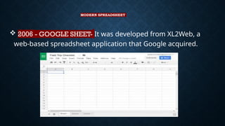 MODERN SPREADSHEET
 2006 - GOOGLE SHEET- It was developed from XL2Web, a
web-based spreadsheet application that Google acquired.
 