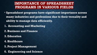 IMPORTANCE OF SPREADSHEET
PROGRAMS IN VARIOUS FIELDS
• Spreadsheet programs have significant importance across
many industries and professions due to their versality and
ability to manage data efficiently.
1. Accounting and Marketing
2. Business and Finance
3. Education
4. Healthcare
5. Project Management
6. Engineering and Science
 