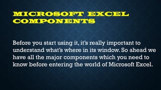 MICROSOFT EXCEL
COMPONENTS
Before you start using it, it’s really important to
understand what’s where in its window. So ahead we
have all the major components which you need to
know before entering the world of Microsoft Excel.
 