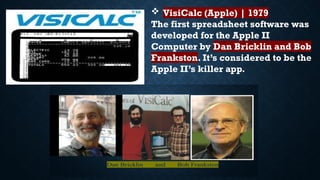  VisiCalc (Apple) | 1979
The first spreadsheet software was
developed for the Apple II
Computer by Dan Bricklin and Bob
Frankston. It’s considered to be the
Apple II’s killer app.
 