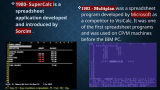 1982 - Multiplan was a spreadsheet
program developed by Microsoft as
a competitor to VisiCalc. It was one
of the first spreadsheet programs
and was used on CP/M machines
before the IBM PC.
1980- SuperCalc is a
spreadsheet
application developed
and introduced by
Sorcim .
 