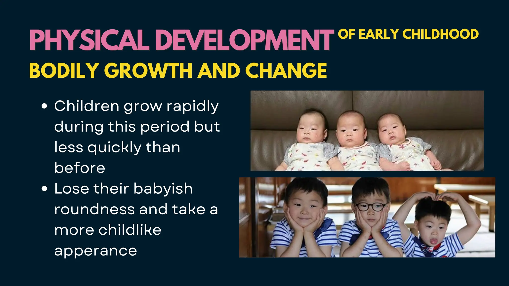 PHYSICAL DEVELOPMENT
PHYSICAL DEVELOPMENT OF EARLY CHILDHOOD
BODILY GROWTH AND CHANGE
Children grow rapidly
during this period but
less quickly than
before
Lose their babyish
roundness and take a
more childlike
apperance
 
